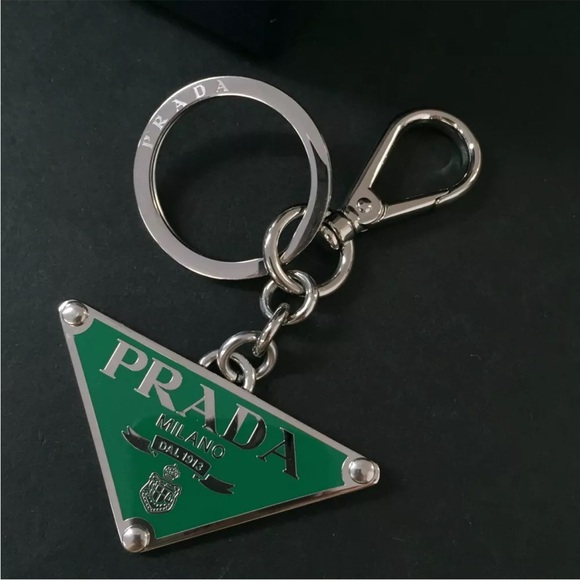 PRADA Logo Plate Silver Tone Key Ring Holder Bag Charm - Picture 1 of 8